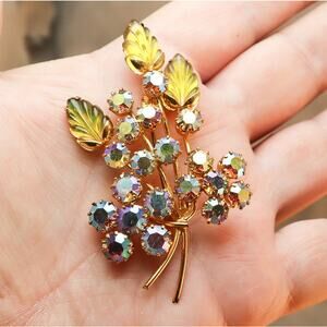 Molded Glass & Pink AB Rhinestone Floral Spray Brooch Vintage Pin